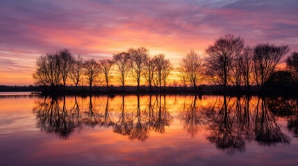 Bare trees silhouetted against a vibrant sunset over a calm lake with stunning reflections. Nature landscape concept for travel and tranquility.