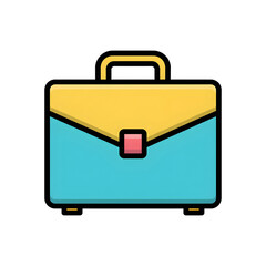 Yellow and blue briefcase icon with pink clasp on white background luggage business
