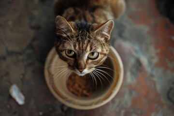 Obraz premium European shorthair cat eating dry food from a bowl looking up at the camera