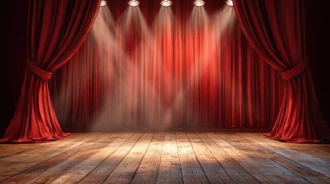 Red stage curtain with spotlights illuminating a wooden floor. Theater scene for performance, presentation, or event backdrop. Empty classic theatrical stage.