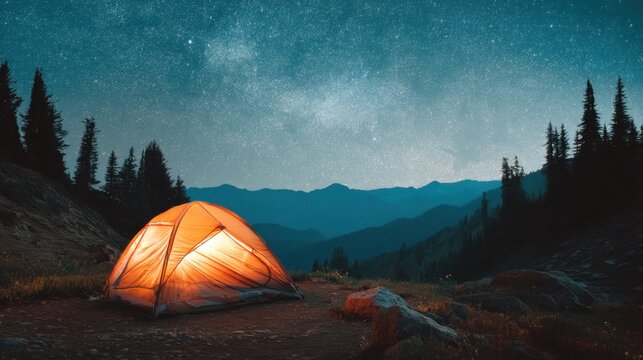 Orange camping tent illuminated at night under a starry sky. Outdoor adventure in mountain wilderness for travel and relaxation.