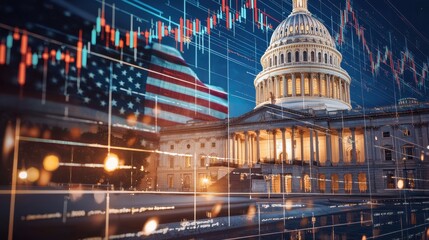 United States capitol building at night with american flag and stock market chart. Concept of american politics, economy and finance.