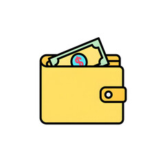 Yellow wallet with US dollar bill and coin on white background money cash