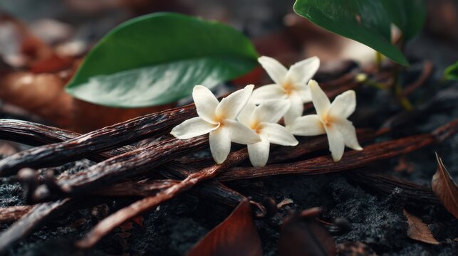 Fragrant vanilla beans and white flowers with a green leaf. Raw vanilla pod ingredient for cooking, baking, and aromatic products.