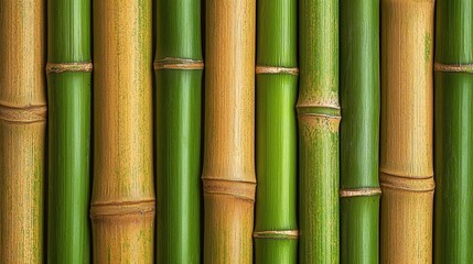 Vertical bamboo pattern natural green golden brown canes with distinctive node segments creating seamless texture background for eco-friendly web design applications