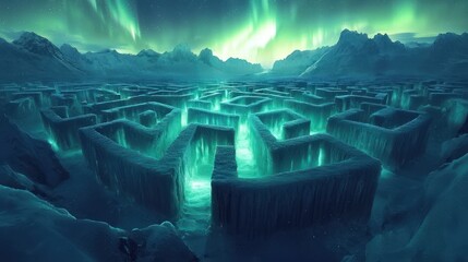 Ethereal Ice Maze Under Aurora Borealis - A Frozen Labyrinth.