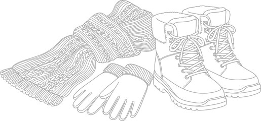 Winter apparel illustration featuring boots scarf and gloves in black and white