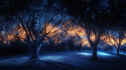 Enchanting Nightscape - Trees Bathed in Ethereal Light.
