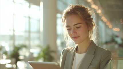Young woman working on tablet in a bright modern office during the day