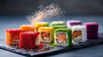 A close-up shot of a variety of colorful sushi rolls arranged on a black slate plate. Sprinkles are falling on the sushi. The rolls are filled with salmon and o