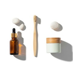 Minimalist Flat Lay of Bamboo Toothbrush and Skincare Products