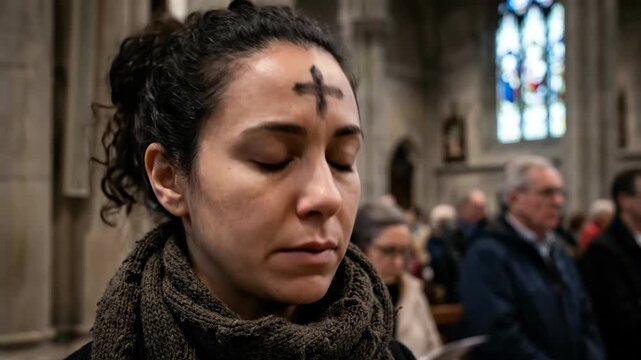 Spiritual Woman with Ash Cross on Forehead Praying with Eyes Closed inside Church Congregation during Ash Wednesday Mass Service Representing Christian Faith Devotion and Lenten Season Observance Trad