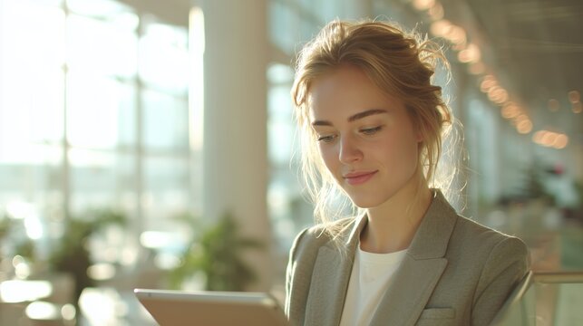 Young woman working on tablet in a bright modern office during the day