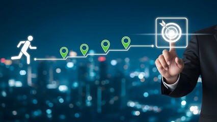 a digital concept image illustrating business progress, goal setting, and achievement against a modern, urban backdrop
