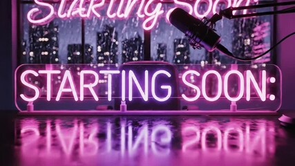 Neon "Starting Soon" Sign with Microphone and Cityscape. Stream starting soon screen, overlay loop, animated virtual backgrounds, cozy lo-fi gaming room view. vtuber asset twitch zoom OBS.
