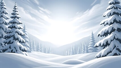Serene winter landscape with snow covered trees and hills