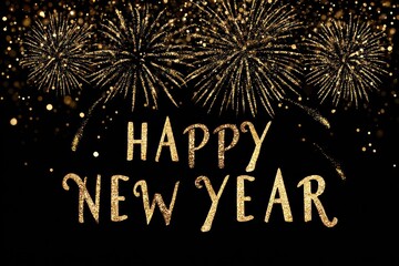Happy new year golden glitter text with festive fireworks celebration