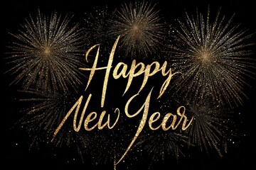 Happy new year golden text with sparkling fireworks on black background