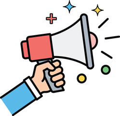 A colorful cartoon hand in a blue sleeve firmly holding a red and grey megaphone for an important announcement.
