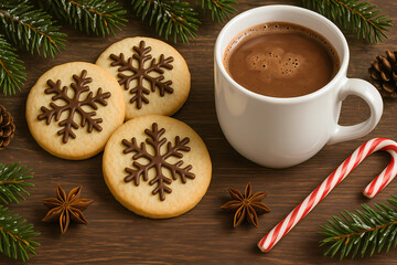 A cup of warm coffee/cocoa with whipped cream and a sprinkle of cinnamon. There are delicious Christmas cookies in the cup.