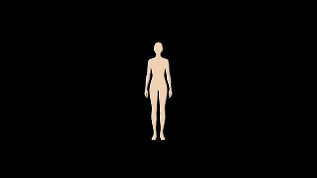 Woman body transforming into digital particles on black background