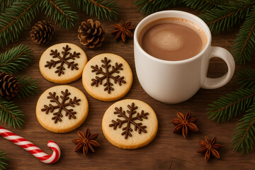 A cup of warm coffee/cocoa with whipped cream and a sprinkle of cinnamon. There are delicious Christmas cookies in the cup.