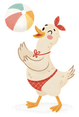 Naklejka premium Playful cartoon duck in a red swimsuit joyfully tossing a colorful beach ball in a fun summer scene