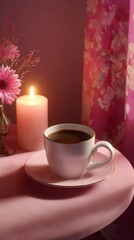 Cozy Candlelit Moment with Coffee and Pink Floral Decor