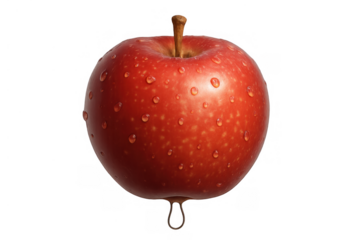 Red apple with stem covered in water drops and a single droplet falling, symbolizing fresh healthy food, transparent background
