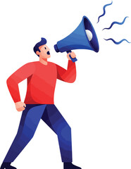 Dynamic illustration of a man in a red shirt and blue pants shouting into a megaphone.