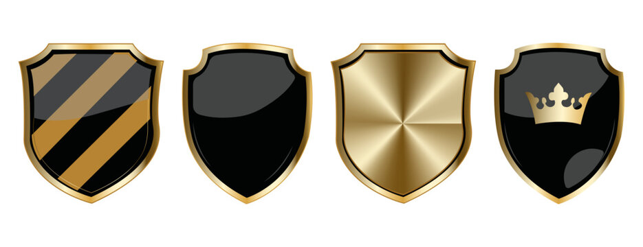 Luxury golden shield emblem set with blank crest and crown icon designs for premium branding - Powered by Adobe