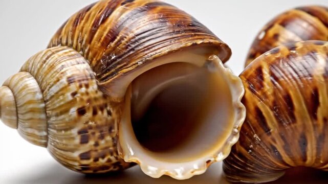 Close up of snail shells detailed natural textures brown and tan spiral patterns white surface studio shot