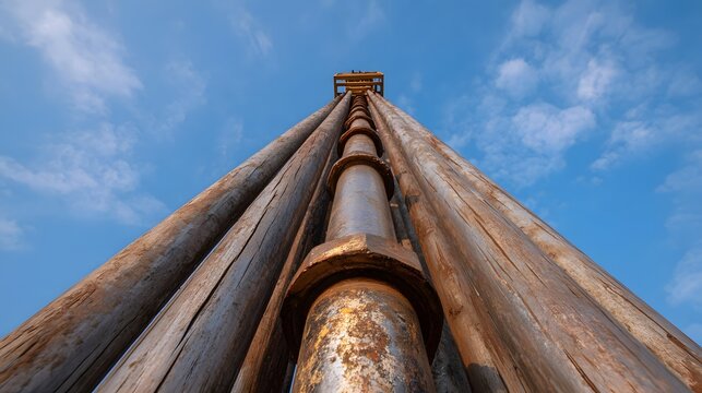 A low angle view looking up at a tall industrial structure made of weathered wooden poles and a central metal pipe against a clear blue sky - Powered by Adobe