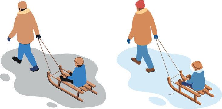 Family sledding silhouette
