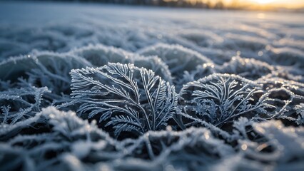 Frost-covered Leaves Glimmer in the Morning Light During a Chilly Winter Dawn in a Serene Landscape Setting