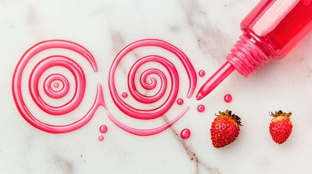 Syrup sticky drop strawberry squeeze bottle creating artistic spiral patterns marble surface pink decorative swirls food motion photography culinary dynamics