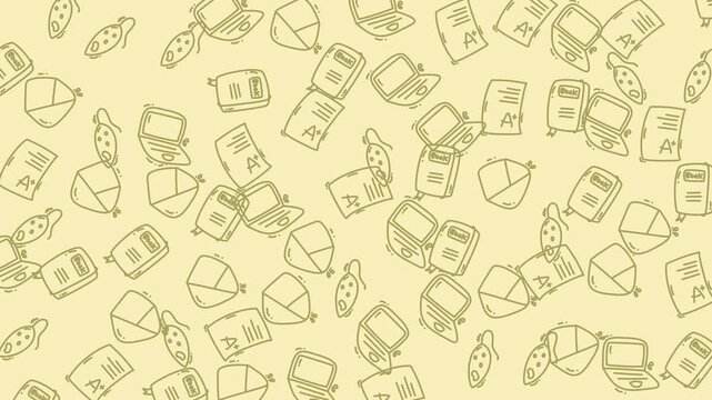 Patterned doodled laptops, books, papers, envelopes, and mice make a vibrant computer background, perfect for creative projects and designs.