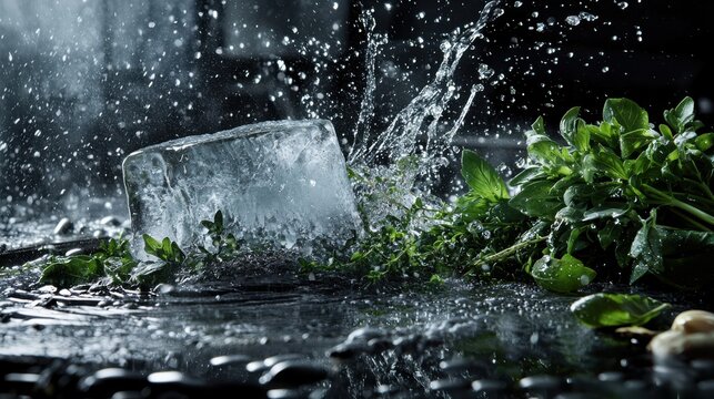 Ice melting drip block herbs ingredients water streams splashes dark surface dynamic motion frozen time droplets fragments culinary kitchen photography