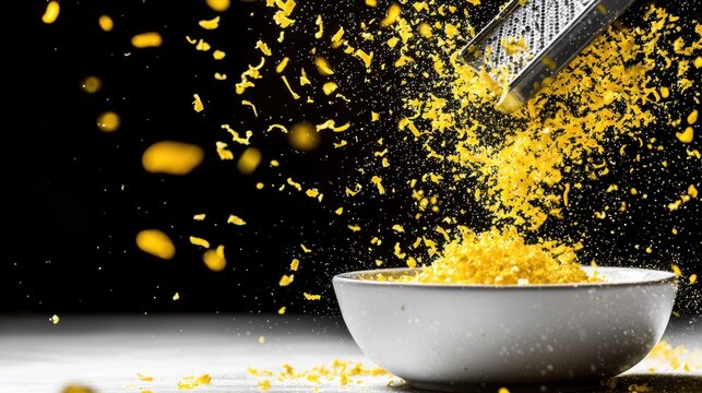 Lemon zest spray cascading downward from microplane zester above ceramic bowl with bright yellow fragments in professional kitchen lighting setup