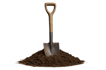 Shovel standing in a pile of brown soil, preparing for digging or gardening work, with transparent background