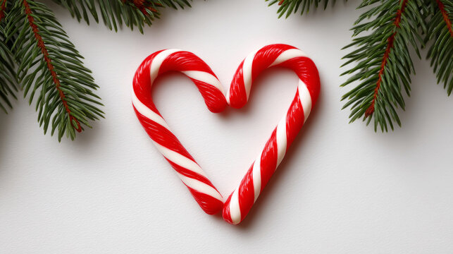 Festive christmas candy cane heart with fir needles for holiday decoration and design