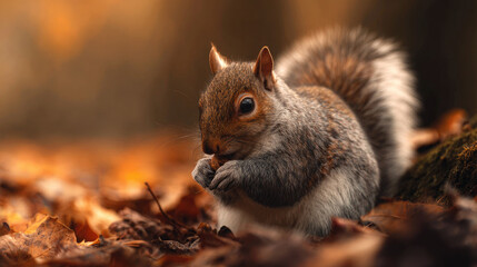 Obraz premium Squirrel on Autumn Leaves Holding Nut