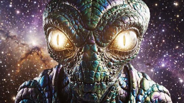 Close up portrait of a reptilian alien creature with glowing eyes in cosmic background
