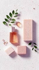 Top view of cosmetic products, including a perfume bottle, soap bars, and green leaves, arranged on a textured white background.