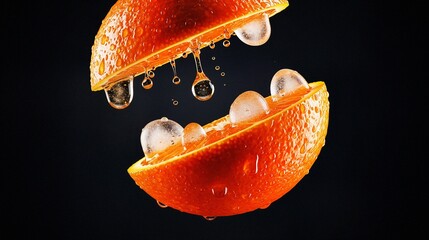 Fresh orange slices floating with droplets on black background  