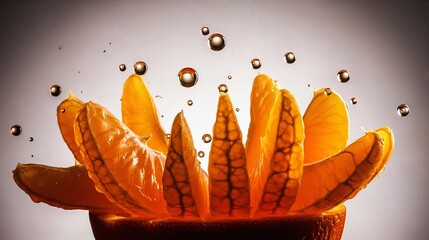 Fresh orange slices with water droplets splashing in studio light  