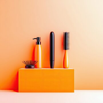 A minimalist still life featuring cosmetic products including a bottle of shampoo, a vibrator, and a hairbrush, all arranged on an orange box against an orange