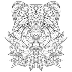 Black bear and beautiful bow hand drawn for adult coloring book