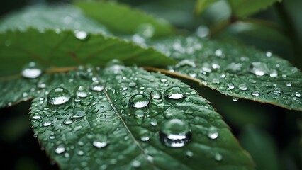 Nature Showcases Rain Droplets Clinging to Vibrant Green Leaves After a Refreshing Summer Rain Shower in a Lush Garden Setting