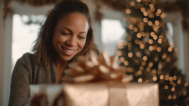A joyful woman unwrapping a beautifully wrapped gift during a festive holiday celebration. - Powered by Adobe